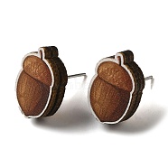 Wood Stud Earrings, with 316 Surgical Stainless Steel Pin, Thanksgiving Theme, Silver, Saddle Brown, Acorn, 16x10mm(EJEW-Z054-01H)