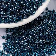 MIYUKI Round Rocailles Beads, Japanese Seed Beads, 8/0, (RR347) Dark Blue Lined Aqua AB, 8/0, 3mm, Hole: 1mm, about 19000~20500pcs/pound(SEED-G008-RR0347)