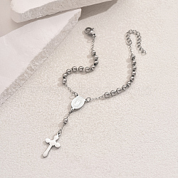 Stainless Steel Beaded Charm for Women Men, Cross & Oval with Virgin Marry, Silver, Inner Diameter: 6-1/2 inch(16.5cm)(LA5577-2)