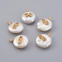 Natural Cultured Freshwater Pearl Pendants, with Brass Findings, Long-Lasting Plated, Wing, Real 18K Gold Plated, 14~21x9~16x5~9mm, Hole: 1.5mm(PEAR-F008-21G)