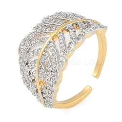 Leaf Brass Micro Pave Clear Cubic Zirconia Open Cuff Ring for Women, Real 18K Gold Plated, 13.5mm, Adjustable(RJEW-Q819-01G)