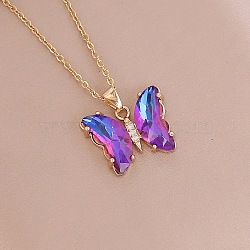 Fashionable Gradient Butterfly Alloy Glass Pendant Necklace, Unique Clavicle Chain for Women, Golden, Medium Orchid, show in picture(LK8571-2)