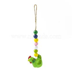 Easter Theme Plastic Rooster Pendant Decorations, with Hemp Rope & Wooden Beads, Yellow Green, 240mm(HJEW-TAC0013-14B)