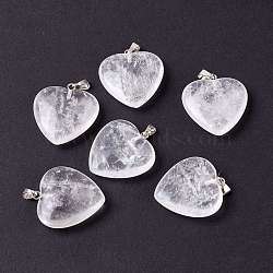 Natural Quartz Crystal Pendants, Rock Crystal Pendants, with Platinum Tone Brass Findings, Heart, 27~28x24.5~26x6~8.5mm, Hole: 2.4x5.6mm(G-G956-B56-FF)