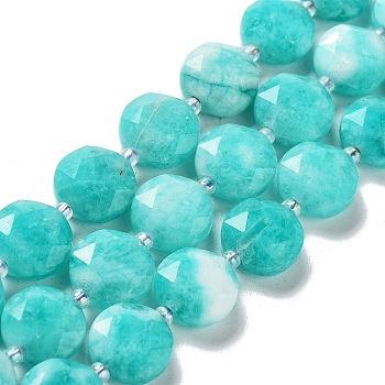 Natural White Jade Dyed Beads Strands, with Seed Beads, Faceted Hexagonal Cut, Flat Round, Imitation Amazonite, 12~12.5x5~6mm, Hole: 1.2~1.4mm, about 27~29pcs/strand, 15.55~15.75 inck(39.5~40cm)