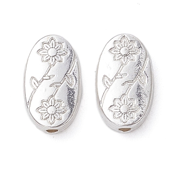 Alloy Beads, Long-Lasting Plated, Oval with Flower, Silver, 11x6.5x2.5mm, Hole: 1.2mm