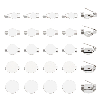 50Pcs 5 Style 316 Surgical Stainless Steel Brooch Base Settings, Brooch Making Supplies, Flat Round, Stainless Steel Color, 6~14x14x5mm, 10pcs/style