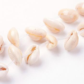 Natural Cowrie Shell Beads Strands, Bisque, 17~19x10~14x8~9mm, Hole: 1mm, about 26pcs/strand, 15.5 inch(39.5cm)