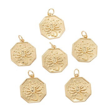 Brass Pendants, Long-Lasting Plated, Octagon with Scorpion, Real 18K Gold Plated, 18.5x16x2mm, Hole: 3.6mm