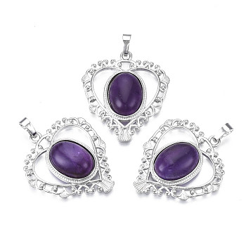 Natural Amethyst Pendants, with Rack Plating Platinum Tone Brass Findings, Heart, 38.5x34x8mm, Hole: 7x5mm