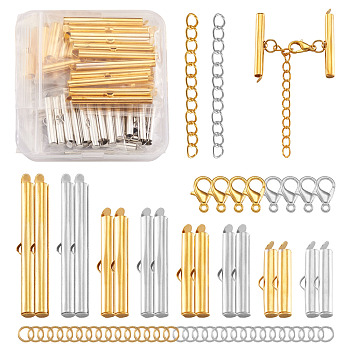 PandaHall Jewelry Iron Slide On End Clasp Tubes, 304 Stainless Steel Open Jump Rings, Zinc Alloy Lobster Claw Clasps and Iron Chain Extender, Mixed Color, 240pcs/box