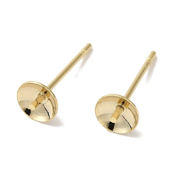 Brass Studs Earrings Finding, Lead Free & Cadmium Free, Round, Real 24K Gold Plated, 14x5mm, Pin: 12x1mm