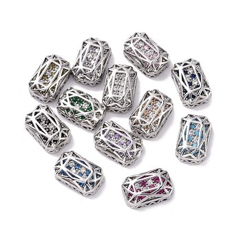 Eco-friendly Brass Micro Pave Cubic Zirconia Multi-strand Links, Rack Plating, Cadmium Free & Lead Free, Rectangle Octagon, Platinum, Mixed Color, 14x10x5mm, Hole: 1.4mm
