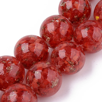 Handmade Gold Sand Lampwork Beads, Inner Flower, Round, Red, 20x19~20mm, Hole: 2mm, about 20pcs/strand, 14.96 inch(38cm)