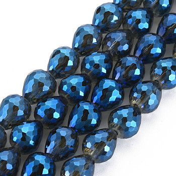 Electroplate Glass Beads Strands with Faceted, Teardrop, Marine Blue, 10x9.5mm, about 60pcs/strand, 23.62 inch(60cm)