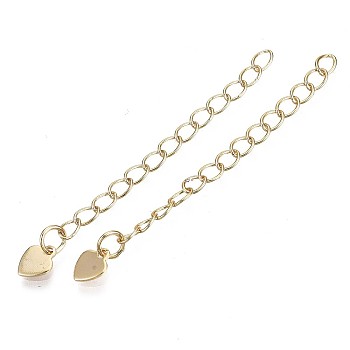 Brass Chain Extender, Cable Chain, Nickel Free, with Heart Shape Charms, Real 18K Gold Plated, 53mm, Link: 4x3x0.4mm, Inner Size: 3x2mm, Heart: 6.5x5x0.5mm