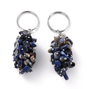 Natural Sodalite Keychain, with Brass and Iron Findings, Cadmium Free & Lead Free, Platinum, 8.05cm