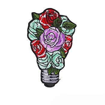Light Bulb & Flower Appliques, Embroidery Iron on Cloth Patches, Sewing Craft Decoration, Colorful, 52x85mm