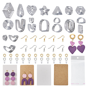 DIY Earring Making Finding Kits, Including 430 Stainless Steel Clay Earring Cutters, Brass Jump Rings & Earring Hooks, Cellophane Bags, Cardboard Cards, Plastic Ear Nuts, Golden & Stainless Steel Color