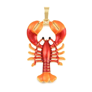 Brass Enamel Pendants, Crayfish Charms, Rack Plating, Long-Lasting Plated, Cadmium Free & Lead Free, Real 18K Gold Plated, 40.5x24x3mm, Hole: 4x3.5mm