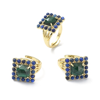 Natural Malachite & Lapis Lazuli Adjustable Ring, Real 18K Gold Plated Brass Wide Ring for Women, Inner Diameter: 17mm