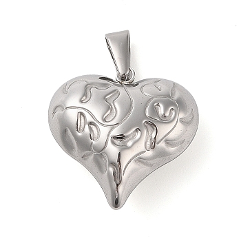 304 Stainless Steel Pendants, Heart Charm, Stainless Steel Color, 30x29x14mm, Hole: 10x4mm
