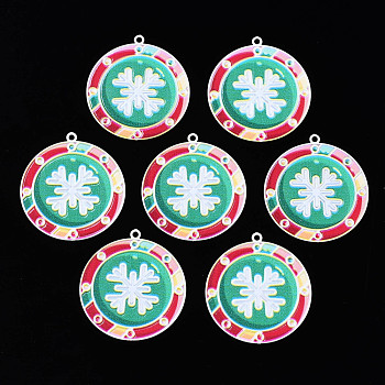 Spray Painted Brass Pendants, with Printed, for Christmas, Flat Round with Snowflake, Sea Green, 33x30x0.4mm, Hole: 1.6mm