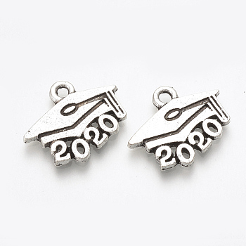 Tibetan Style Alloy Pendants, Graduation Trencher Cap with New Year 2020, Lead Free & Cadmium Free, Antique Silver, 15x18x1.5mm, Hole: 1.5mm, about 410pcs/500g