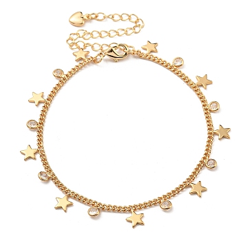 Brass Star & Glass Flat Round Charm Bracelets with Curb Chains, Golden, 7-1/8 inch(18cm)