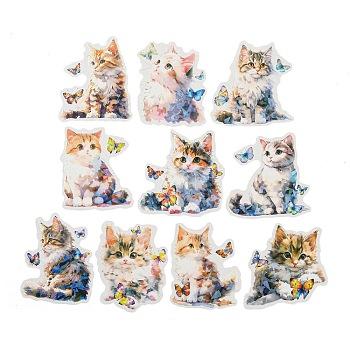 Cat PET Waterproof Stickers Sets, Adhesive Decals for DIY Scrapbooking, Photo Album Decoration, Mixed Color, 63~71x58~70x0.1mm, 10pcs/set