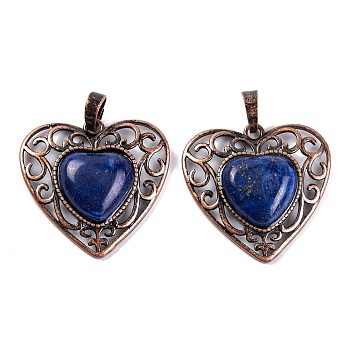 Natural Lapis Lazuli Dyed Peach Love Heart Pendants, Rack Plating Brass Hollow Heart Charms, Cadmium Free & Lead Free, Red Copper, 29.5x30.5x7.5mm, Hole: 7.5x5mm