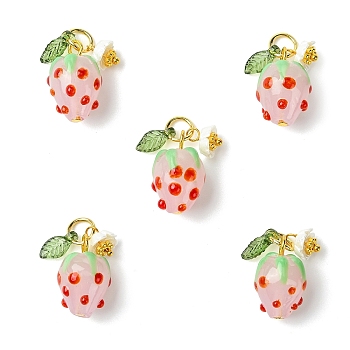 5Pcs Handmade Lampwork Pendants, Strawberry Charms, with Acrylic & Resin Imitation Pearl Leaf & Brass Findings, Golden, Pearl Pink, 25mm
