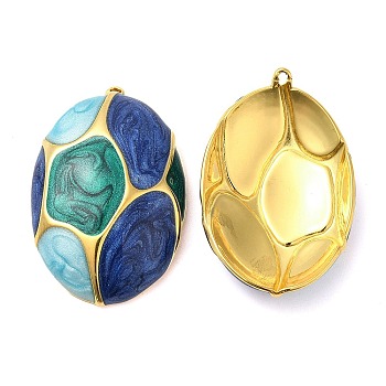 Enamel Pendants, with 304 Stainless Steel Finding, Real 18K Gold Plated, Oval Charm, Teal, 32.5x21.5x5.8mm, Hole: 1.2mm