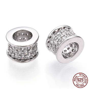Rhodium Plated 925 Sterling Silver Micro Pave Cubic Zirconia Beads, Column, Nickel Free, Real Platinum Plated, 7.5x5mm, Hole: 4mm