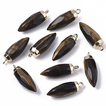 Top Golden Plated Natural Tiger Eye Pointed Pendants, with Iron Loops, Faceted, Bullet, 25~26x7~8mm, Hole: 1.8mm