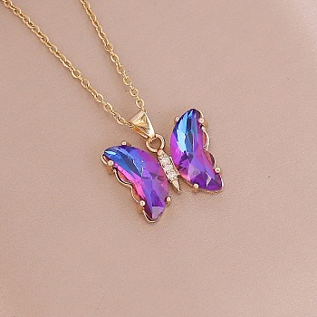 Fashionable Gradient Butterfly Alloy Glass Pendant Necklace, Unique Clavicle Chain for Women, Golden, Medium Orchid, show in picture