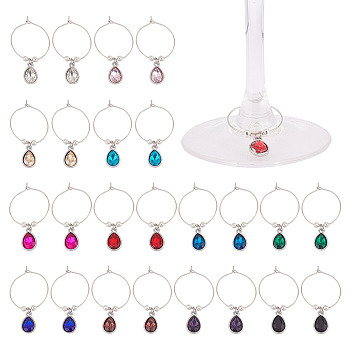 24Pcs 12 Colors Brass Wine Glass Charms, wtih Alloy Glass Charms, Teardrop, Mixed Color, 47mm, 2pcs/color