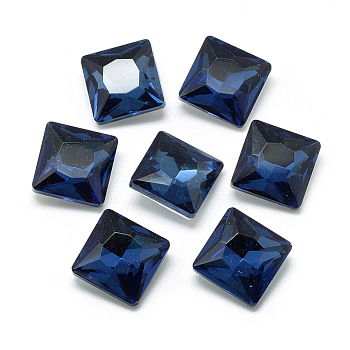 Pointed Back Glass Rhinestone Cabochons, Back Plated, Faceted, Square, Prussian Blue, 8x8x3.5mm