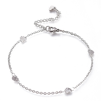 304 Stainless Steel Cable Chain Anklets, with Textured Heart Links and Lobster Claw Clasps, Stainless Steel Color, 8-7/8 inch(22.5cm)