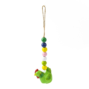 Easter Theme Plastic Rooster Pendant Decorations, with Hemp Rope & Wooden Beads, Yellow Green, 240mm