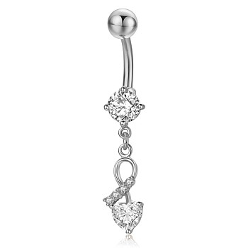 Piercing Jewelry, Brass Cubic Zirciona Navel Ring, Belly Rings, with 304 Stainless Steel Bar, Lead Free & Cadmium Free, Heart, Clear, 42mm, Pendant: 20.5x8mm, Bar: 14 Gauge(1.6mm), Bar Length: 3/8"(10mm)