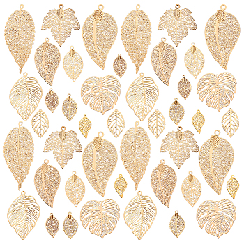 Elite 44Pcs 11 Style Brass Big Pendants, Etched Metal Embellishments, Leaf, Light Gold, 19~55.5x10~32x0.3~0.4mm, Hole: 1~2.5mm, 4pcs/style