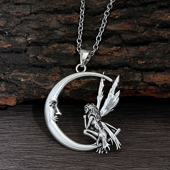 Tibetan Style Zinc Alloy Pendant Necklaces for Women, Antique Silver, Fairy with Moon, 19.69 inch(50cm)