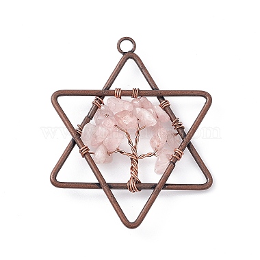 Pentagram Natural Rose Quartz Copper Wire Wrapped Chip Big Pendants(G-E195-10R-01)-2