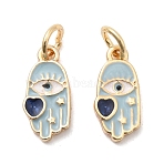 Brass Enamel Pendants, Hamsa Hand with Heart Charms, with Jump Ring, Real 18K Gold Plated, 13x6.5x2mm, Hole: 3.5mm(KK-A277-28G)
