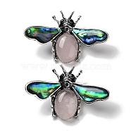 Tibetan Style Alloy Insect Brooches, with Natural Rose Quartz and Natural Paua Shell, Antique Silver, 36x56.5x13mm(JEWB-A021-03AS-05)