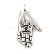 316 Surgical Stainless Steel Pendants, with Rhinestone, Hand with Eye Charm, Antique Silver, 27.5x15x4mm, Hole: 2mm(STAS-E212-52AS)