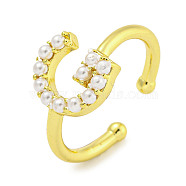 Rack Plating Brass Open Cuff Rings for Women, with ABS Imitation Pearl, Cadmium Free & Lead Free, Long-Lasting Plated, Letter, Letter G, Inner Diameter: 17mm, Letter X: 11x9mm(RJEW-F162-01G-G)