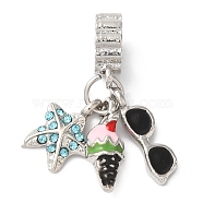 Rack Plating Alloy Aquamarine Rhinestone European Dangle Charms, Large Hole Starfish & Ice Cream & Sunglasses Pendants with Enamel, Cadmium Free & Nickel Free & Lead Free, Platinum, 27mm, Hole: 5mm(PALLOY-S189-25P)