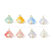 Transparent Spray Painted Glass Charms, with Shell Pearl Beads & Brass Loops, Flower Charm, Mixed Color, 12.5x9.5x9.5mm, Hole: 2.2mm(PALLOY-TA00091)